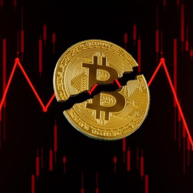 The image features two Bitcoin symbols - one intact and the other broken into pieces with its value significantly reduced, resembling a deflated balloon. The broken symbol represents the decline of Bitcoin over time, which has reached a 6% weekly loss against a backdrop of a red line indicating falling Bitcoin prices. The post discusses these declining trends as well as recent events affecting the Bitcoin market, such as negative sentiment and outflows from exchanges like BlackRock. This downward trend might be attributed to factors like U.S.-Iran tensions or rising oil prices, leading many investors to sell their Bitcoins in response to these economic challenges.