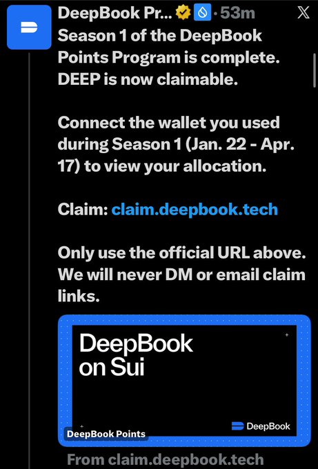 The screenshot shows a Twitter feed with an overlay of an advertisement for DeepBook Points, specifically from a company called DeepBook Tech. The advertisement is about airdrops related to the DeepBook app. It seems that the DeepBook app has experienced technical issues and its value has dropped significantly. Users are being advised not to make any claims or demands as it might be a sham. In fact, the user can still claim their tokens even after they have been down 15% due to the technical issue. The advertisement highlights the importance of being cautious when dealing with such situations on social media platforms like Twitter.