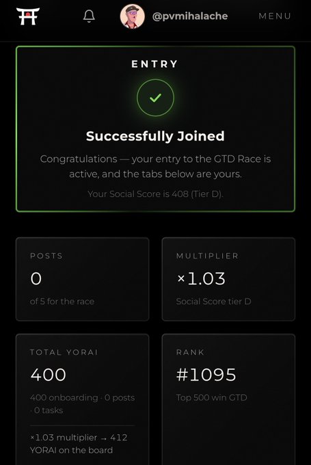 A dark-themed mobile/web interface for user @pvmihalache confirming 'Successfully Joined' an entry to the GTD Race with a Social Score of 408 (Tier D). Stats shown include POSTS (0 of 5 for the race), MULTIPLIER (×1.03), TOTAL YORAI (400), and RANK (#1095 Top 500 win GTD).
