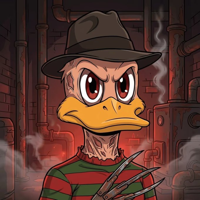 The image features a cartoon duck wearing a striped shirt, hat, and holding a knife with crossed fingers. The duck appears to be dressed up for Halloween or a costume party, as indicated by its attire. The background of the image shows pipes and smoke, which adds to the spooky atmosphere. The post about the cartoon duck is titled "quackinGM have a quacktastic Friday frens This GrailsHEADUCK #413 - GANDALF Has been sold 10 AVAX Congrats to the @byNeviras and much love @Rockin_Korotkin Lets quack opensea.io/collection/hea".