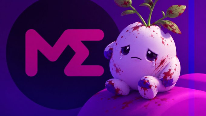 A 3D rendered sad plant-like creature with tears and blood splatters sits against a purple background featuring a pink 'MZ' logo.