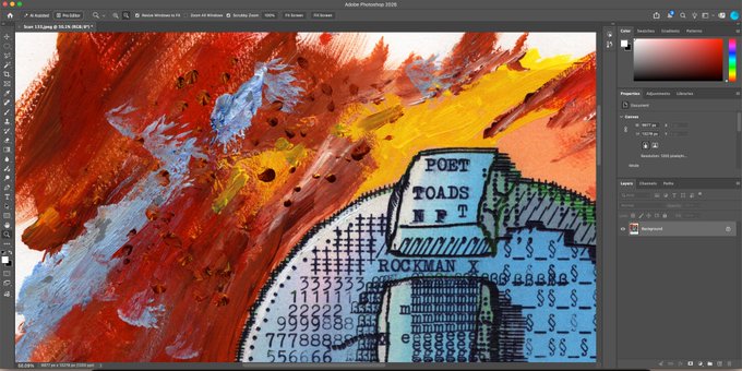 A screenshot of Adobe Photoshop 2020 showing a digital painting with red, orange, and yellow brushstrokes on the left and a blue and white patterned section on the right containing the text 'POET TOADS NFT' and 'ROCKMAN X'.