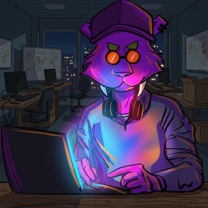 A vibrant digital illustration of a purple anthropomorphic character wearing an orange beanie, glowing glasses, and headphones while typing on a laptop in an office setting.