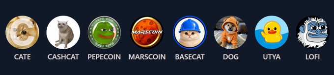 A banner displays eight circular cryptocurrency token icons including CATE, CASHCAT, PEPECOIN, MARSCOIN, BASECAT, DOG, UTYA, and LOFI, each featuring animal or cartoon designs on a dark background.