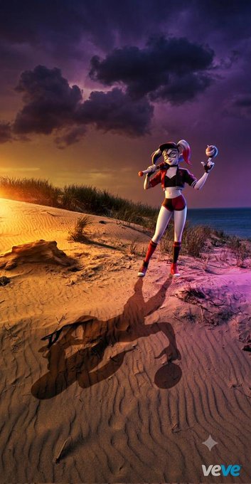 A 3D-rendered Harley Quinn stands on a sandy beach at sunset, holding her signature mallet over her shoulder, with the "veve" logo in the bottom right corner. The image complements the post by showcasing one of the discounted VeVe digital collectible figurines available on Stackr.world.