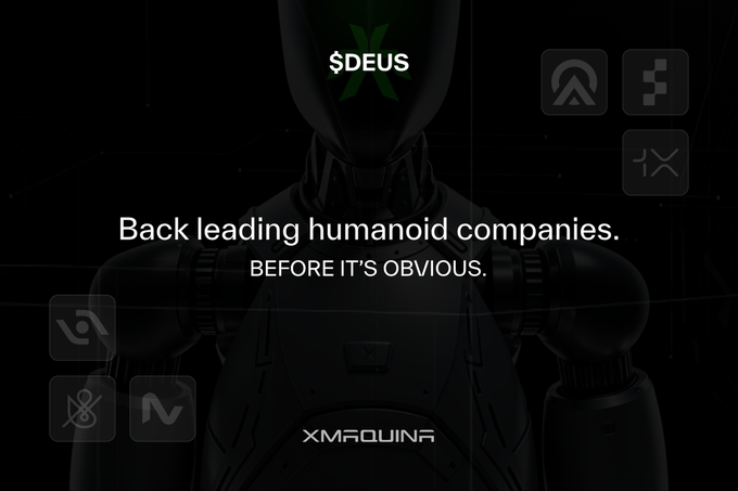 The image features a robot head with an x symbol on its face, accompanied by a text that reads "DEUS" in bold white letters. Below this, there's a list of bullet points written in smaller black text discussing the importance of understanding the @xmaquina token and the DEUS research report before trading begins. The robot appears to be standing against a dark background with other icons visible within its frame.