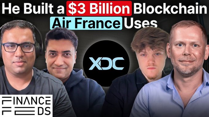 A YouTube thumbnail from 'Financeeds' with the title 'He Built a $3 Billion Blockchain Air France Uses' featuring the XDC logo, with photos of two men on the left and two men on the right.