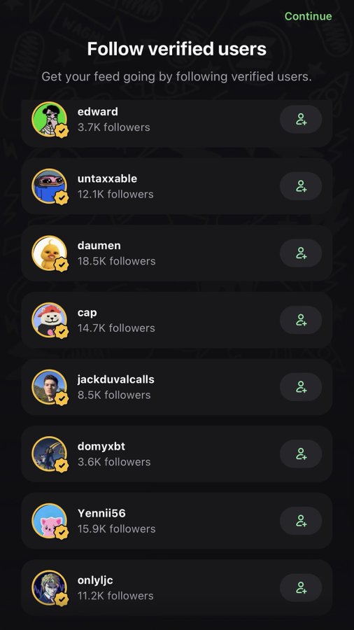 A dark-themed mobile app screen titled "Follow verified users" with the subheading "Get your feed going by following verified users," listing suggested accounts including edward (3.7K followers), untaxxable (12.1K), daumen (18.5K), cap (14.7K), jackduvalcalls (8.5K), domyxbt (3.6K), Yennii56 (15.9K), and onlyljc (11.2K) — illustrating the post's critique that platforms like Pump.Fun push paid KOLs onto users rather than surfacing traders based on actual performance.