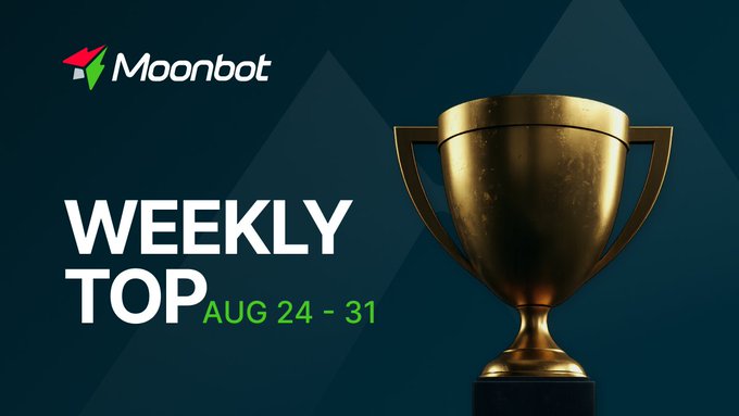 A promotional graphic featuring a gold trophy with 'Moonbot' logo and text 'WEEKLY TOP AUG 24 - 31' on a dark blue background.