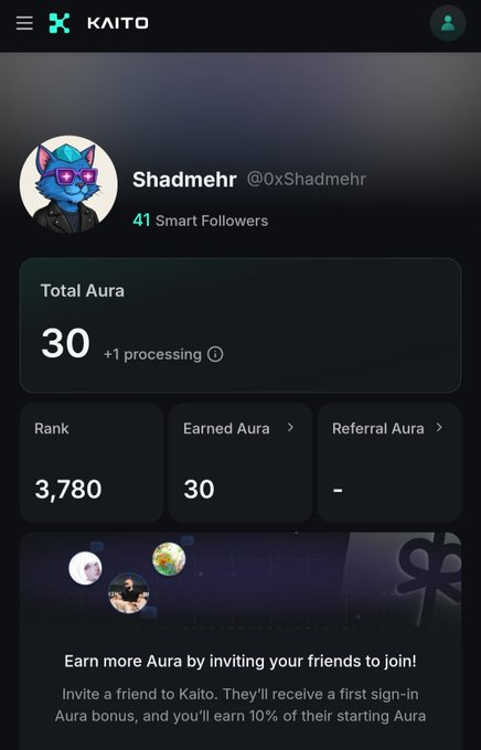 Kaito app profile screen showing user 'Shadmehr (@0xShadmehr)' with 41 Smart Followers, Total Aura of 30, and Rank 3,780.