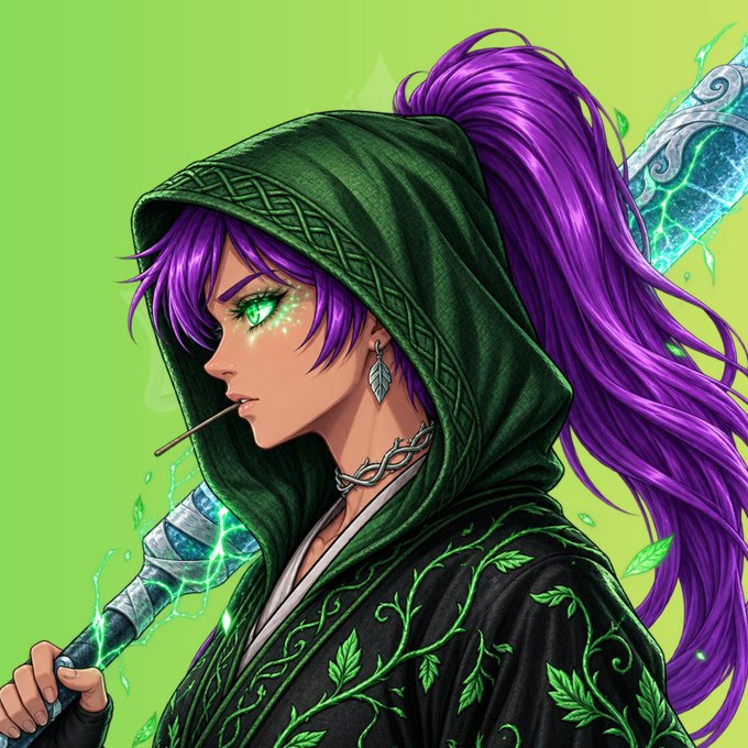 An anime character with vibrant purple hair in a high ponytail, glowing green eyes, and a leafy earring wears a hooded dark green cloak, holding a glowing green sword against a bright green background. The mystical nature-themed warrior imagery aligns with the fantasy aesthetic of the Loom of Legends NFT mint promotion.