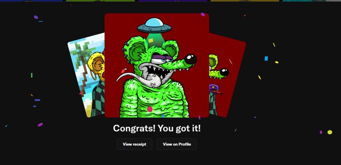 A digital card reveal screen showing a green rat-like creature with a UFO over its head, with the text 'Congrats! You got it!' and buttons to 'View receipt' and 'View on Profile'.