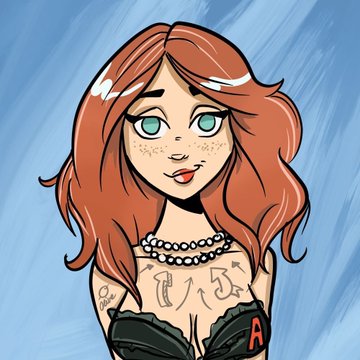 A cartoon-style digital drawing of a red-haired woman with freckles, teal eyes, tattoos, and a black top with a red 'A' logo.