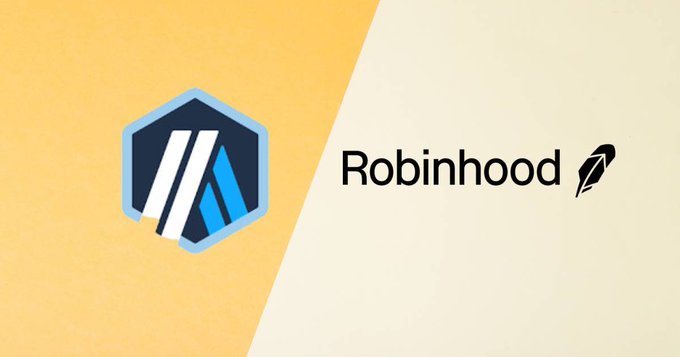 A graphic displays two logos side by side on a split yellow and beige background, with the text 'Robinhood' next to a pen nib icon on the right.
