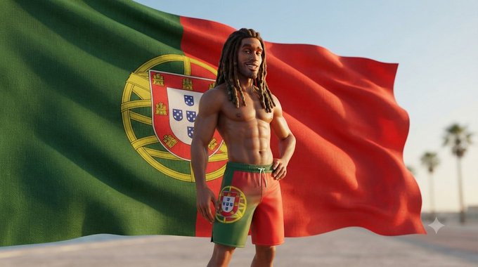 A digitally rendered muscular man with dreadlocks wearing red and green Portugal-themed shorts stands in front of a large waving Portuguese flag on a beach with palm trees.