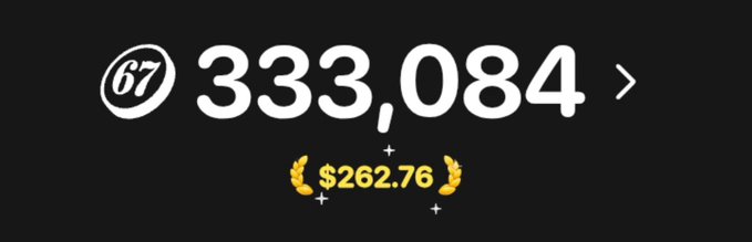 A dark screen displays a follower count of 67 with 333,084 subscribers and an earning badge of $262.76.