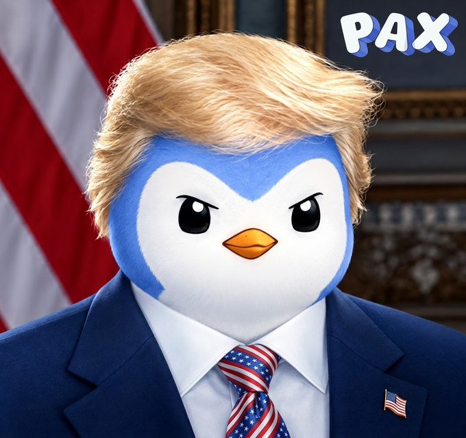 A digitally edited image showing a blue and white penguin mascot head with an orange beak, styled with a blonde hairpiece resembling Donald Trump's hair, wearing a dark suit and an American flag tie in front of an American flag and gold ornate background, with the text 'PAX' in the upper right corner.