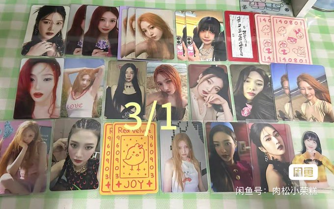 A collection of photo cards, mostly featuring women, displayed on a green checkered surface with a '3/1' overlay, a 'Rex velv JOY' card, and Chinese text including '闲鱼号:肉松小菜糕'.