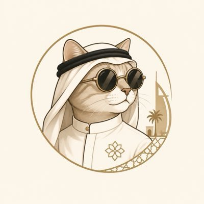 An illustration of a cat wearing traditional Middle Eastern attire including a white keffiyeh and round sunglasses, set within a circular frame with a golden background.