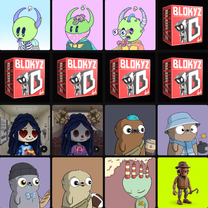 A collage featuring various cartoon NFT characters, BLOKYZ mystery box graphics, and images of dolls.