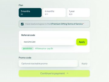 A pricing plan interface shows subscription options (3 months $6, 6 months $11, 1 year $20), a referral code field with 'oukinkiao' applied for an affiliate pay of $6, and a 'Continue to payment' button.