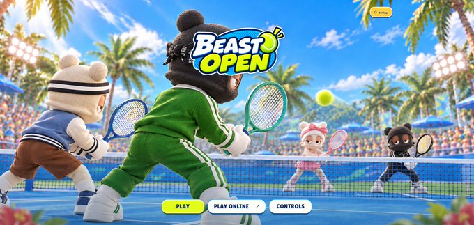 A vibrant promotional banner for the video game 'BEAST OPEN' featuring cartoon bears playing tennis, with buttons for 'PLAY', 'PLAY ONLINE', and 'CONTROLS'.