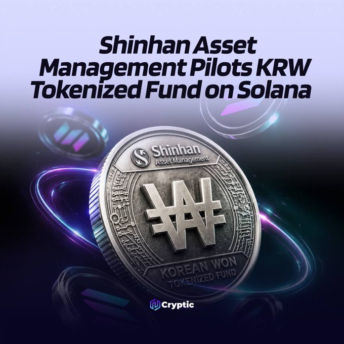 The image displays a silver Shinhan Asset Management coin featuring the Korean Won (₩) symbol, set against a purple background with the headline "Shinhan Asset Management Pilots KRW Tokenized Fund on Solana." This visual represents the partnership announced in the post, where Shinhan Asset Management collaborates with the Solana Foundation, etherfuse, and Orca to launch a tokenized Korean won-denominated ultra-short-term bond fund on the Solana blockchain.