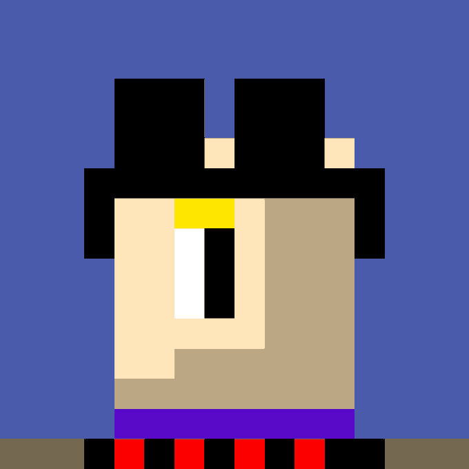 A pixel art illustration depicts a character with tan skin, black hair, and a yellow accessory on a solid blue background, wearing a red and black outfit at the bottom.