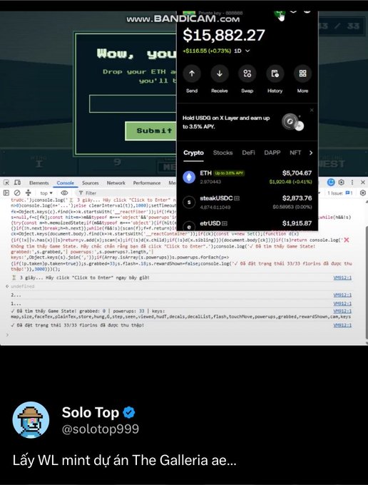 A screenshot showing a crypto wallet interface displaying $15,882.27, with developer console code visible in the background and a Twitter post from 'Solo Top @solotop999' about minting a WL for 'The Galleria'.
