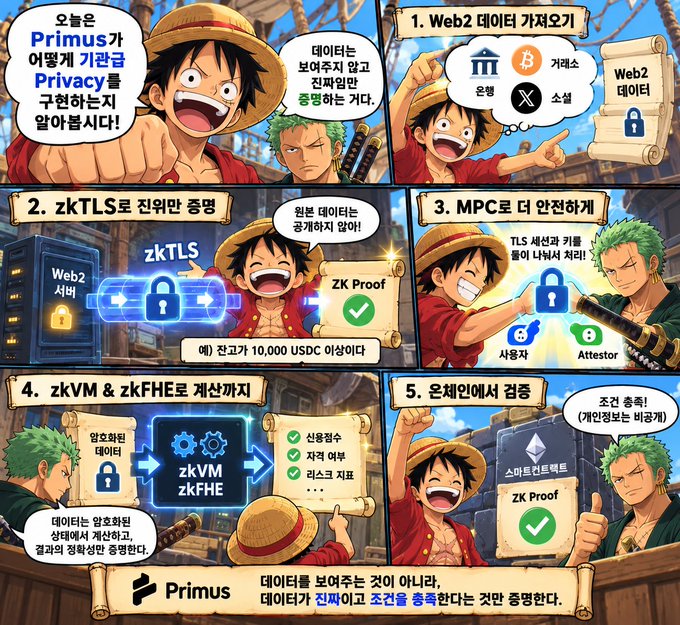 A comic-style infographic uses One Piece characters to illustrate 'Primus' implementing 'how to implement privacy' with steps involving Web2 data, zkTLS, MPC, zkVM & zkFHE, and on-chain verification.
