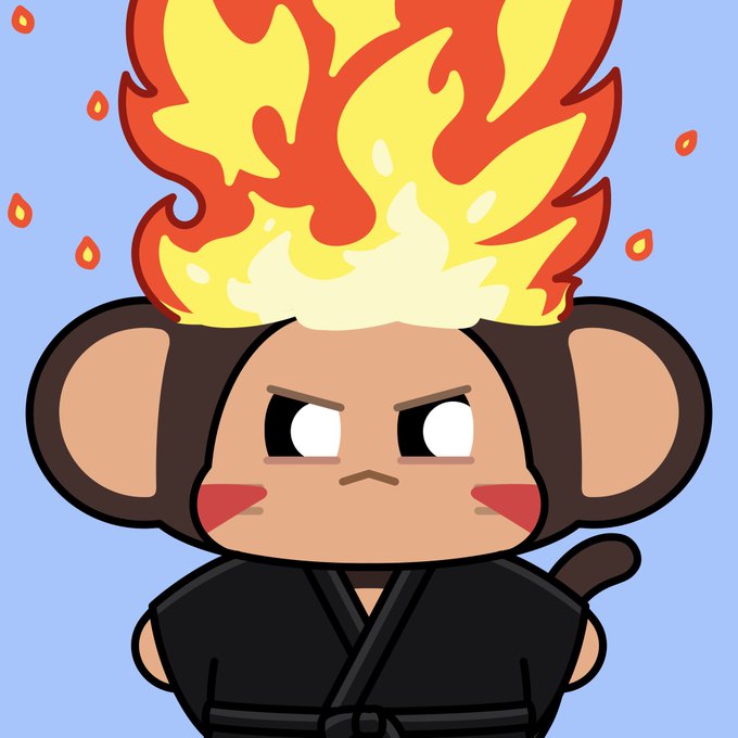 A cartoon illustration of an angry monkey character wearing a black karate gi, with a large flame burning atop its head against a light blue background.