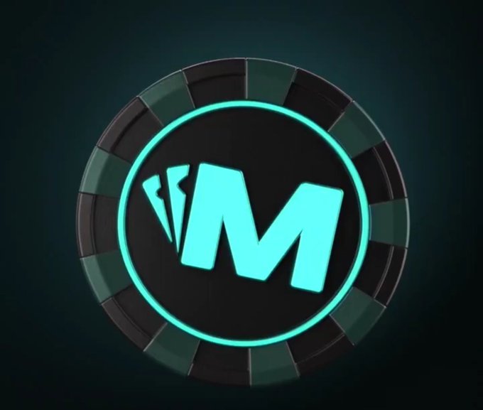 A glowing teal and black poker chip design featuring a stylized 'M' logo in the center, set against a dark background.