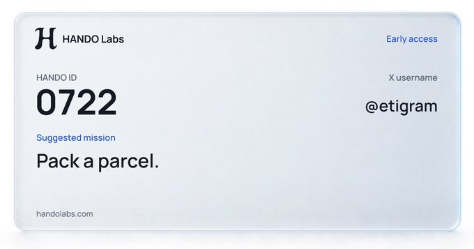 A digital card from Hando Labs displays 'HANDO ID 0722', username '@etigram', and a 'Suggested mission: Pack a parcel.'