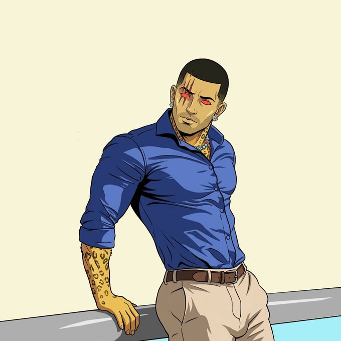 A digital comic-style illustration of a muscular man with a scar over his right eye, wearing a tight blue button-up shirt, beige pants, and displaying leopard-print tattoos on his neck and arm.