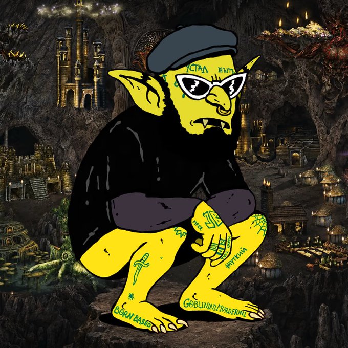 An illustrated yellow-skinned goblin character wearing sunglasses, a beret, and a black shirt sits in a cave city setting, featuring text tattoos like 'GOBLININNMURDERINK' and 'BORN BASED'.