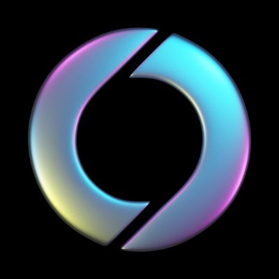 An abstract 3D logo or emblem featuring an interlocking circular design with iridescent rainbow colors including blue, purple, pink, and yellow against a black background.