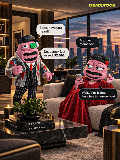 A meme-style image featuring pink Gucci mascots in a luxurious apartment setting, with dialogue bubbles discussing Deadstock raising $2.5M and a public beta launching tomorrow.