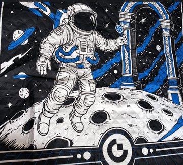 An illustrated design depicts an astronaut in a white spacesuit with blue accents walking on a cratered lunar surface, with a blue rocket and planets visible in the cosmic background.