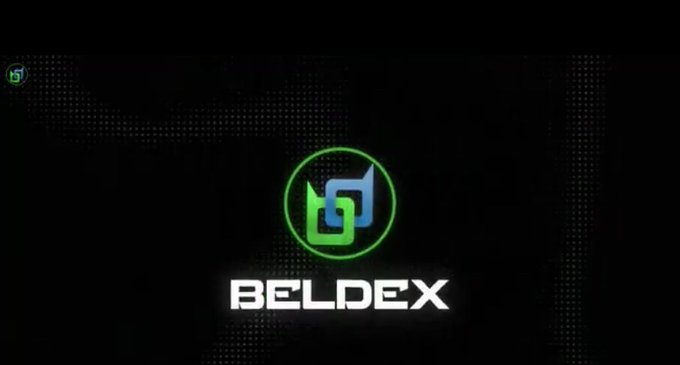 A dark screen displays the 'BELDEX' logo in white text below a green and blue interlocking icon, set against a black background with dotted patterns.