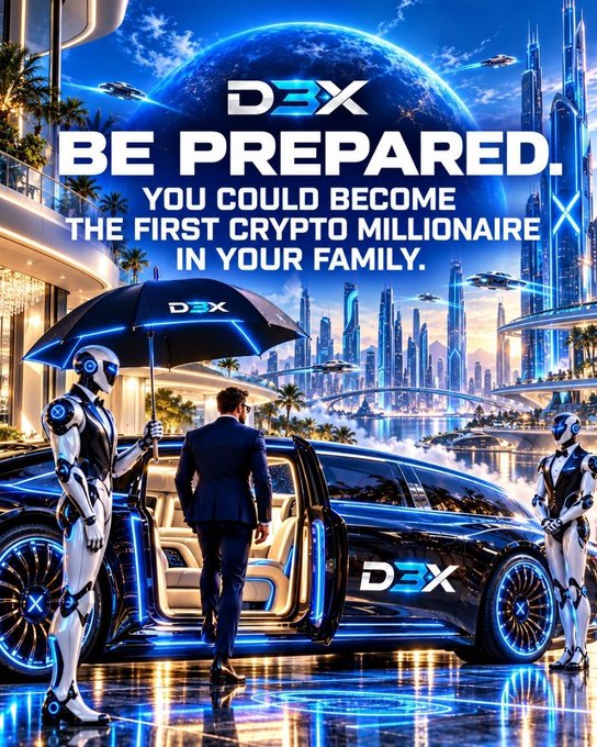 The image is a futuristic promotional graphic for "D3X" cryptocurrency, featuring a sci-fi scene with a man in a suit being escorted by robotic figures toward a luxury black car, set against a glowing futuristic cityscape. Bold text reads "BE PREPARED. YOU COULD BECOME THE FIRST CRYPTO MILLIONAIRE IN YOUR FAMILY," aligning with the post's hype around D3NRX/D3X's climbing bonding curve at 73.6% and approaching graduation milestone.