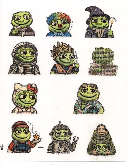 A colorful illustrated chart displays various Pepe the Frog character mashups, including versions themed as 'toad', 'clown', 'WORD', 'astronaut', 'SUPER', 'pixelated', 'Hello Kitty kiss', 'Tiki', 'David Bowie', 'blankie', and Walter White from Breaking Bad.