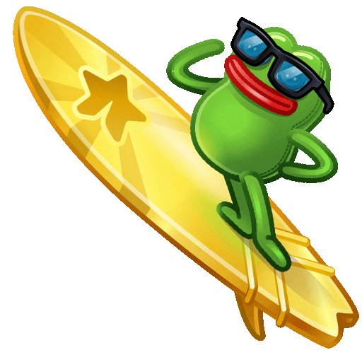 The image features a cartoon frog wearing sunglasses, glasses, and a red shirt, standing on a surfboard with its arms outstretched as if surfing. The background of the image is white, which contrasts with the yellow star located at the top left corner. The caption "Meme coins on TON are the next big wave" suggests that this image might be related to a meme or trend involving surfing and frog characters.