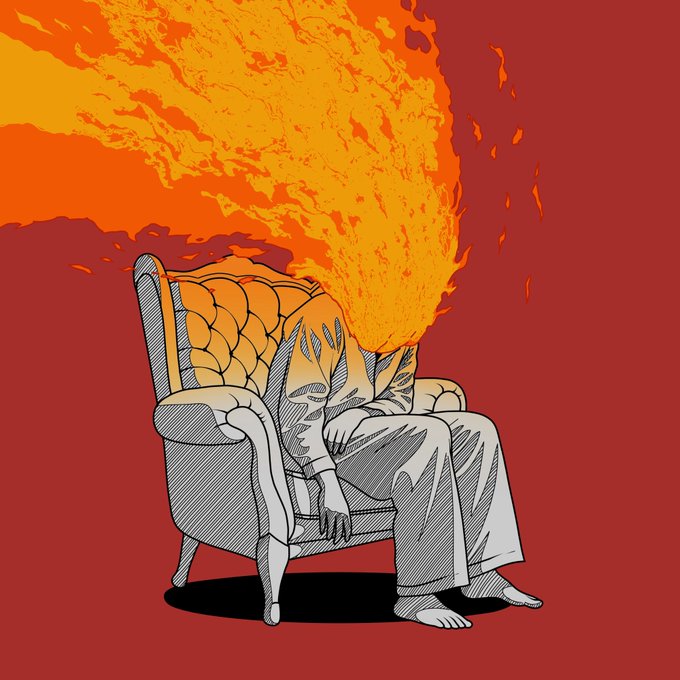 A stylized illustration shows a person slumped forward in an armchair, with their head replaced by a large, billowing mass of orange and yellow flames against a deep red background.