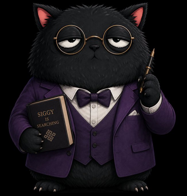 A cartoon illustration of a black cat wearing round glasses and a purple suit, holding a pen and a book titled 'SIGGY IS SEARCHING'.
