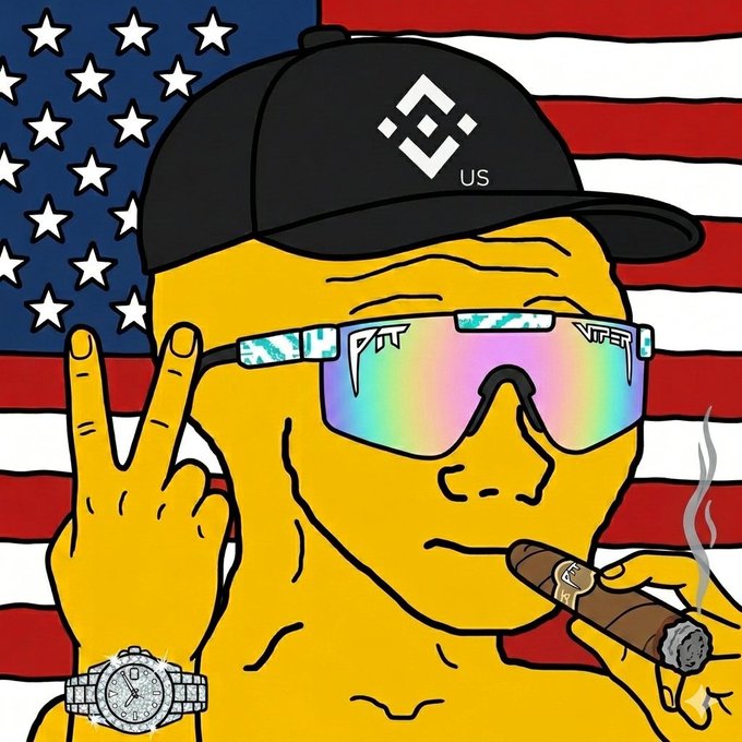 A Simpsons-style cartoon character wearing a black Binance US cap and reflective sunglasses, smoking a cigar in front of an American flag.