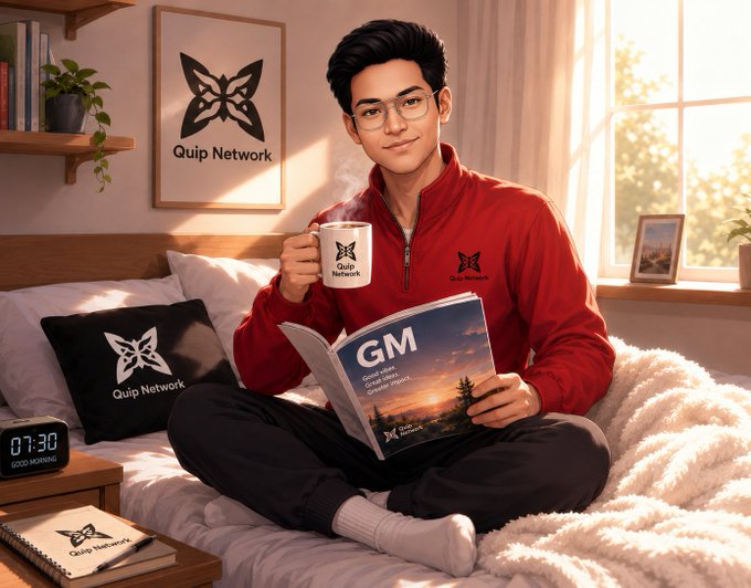 An AI-generated image of a young man with glasses sitting on a bed holding a mug and a magazine, with "Quip Network" branding visible on his clothing and in the room.
