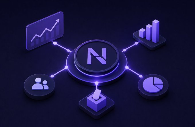 A 3D isometric purple and black digital illustration showing a central 'N' logo connected to icons representing analytics, bar charts, users, voting, and a ballot box.