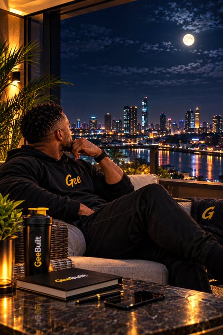 A man wearing a black hoodie with 'Gee' branding sits on a balcony overlooking a city skyline at night with a full moon, with a 'GeeBuilt' branded shaker bottle and book visible on the table beside him.