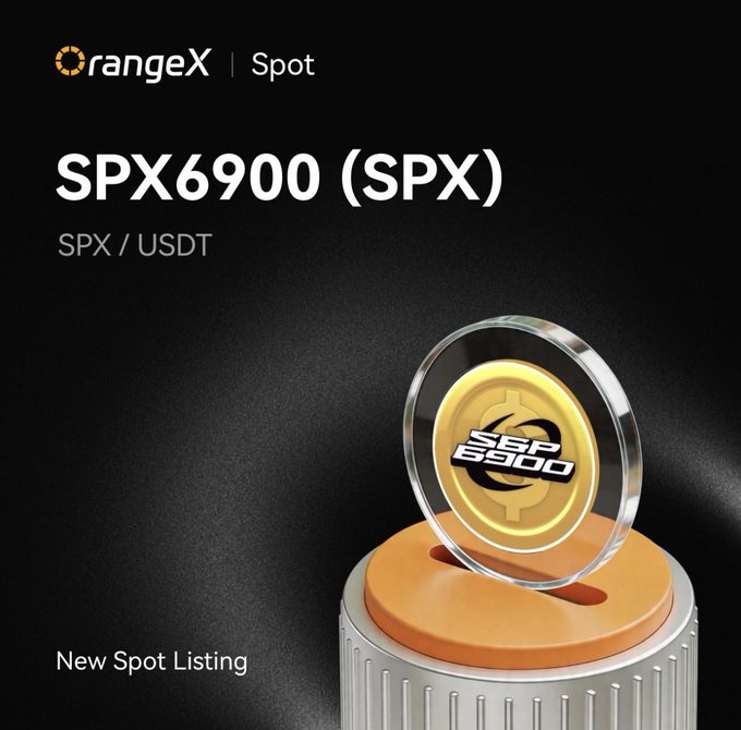 The image features a gold coin with the text "SPX690" written on it, which appears to be a new listing of SPX690 on @OrangeXExchange. The coin is placed on top of a silver base or stand, making it the central focus of the image.
