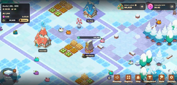 A screenshot of a mobile game displays a snowy village with buildings like the 'Town Hall' and 'The Peak', along with in-game currency showing 'Global Lumen: 141,825' and 'Claimable MASS: 28.82'.